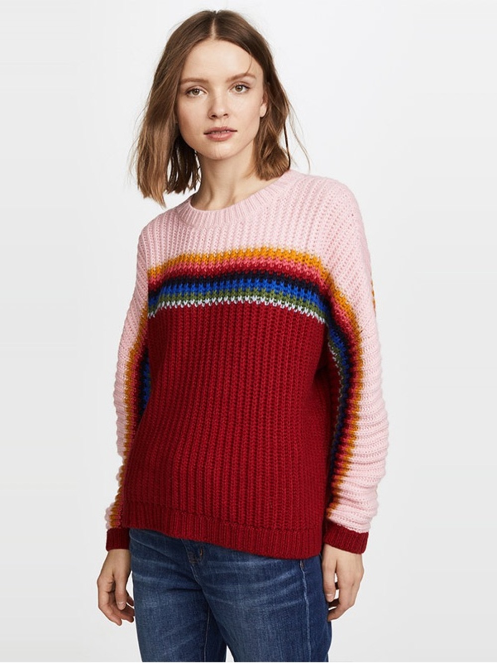 XiRENA Pink & Red Colorblock Crewneck Sweater with Rainbow Stripes Size Medium